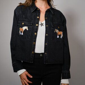Horse Embroidered Cropped Denim Shirt / Light Jacket.